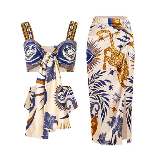 3Pcs Sets Vintage 2024 Women Swimwear Two Piece Sexy Bikini Swimsuits +Sarong Bandage Designer Bathing Suit Summer Beach Wear ShopOnlyDeal