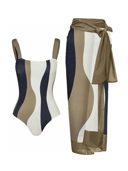 Vintage Slim Asymmetric Striped Bikini Sets Swimsuit with Contrast Cover Up 2 Pack Swimwear 2023 Beach Bathing Suit